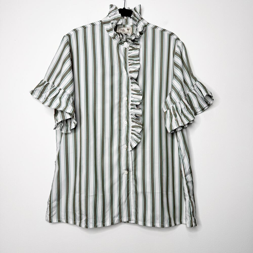 Striped Ruffle-Front Blouse in Green and White